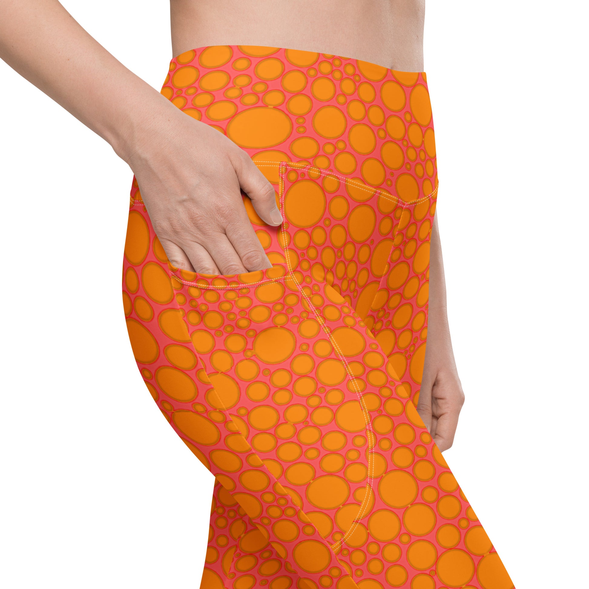 High-Waisted Pocket Leggings - Orange Dots on Pink