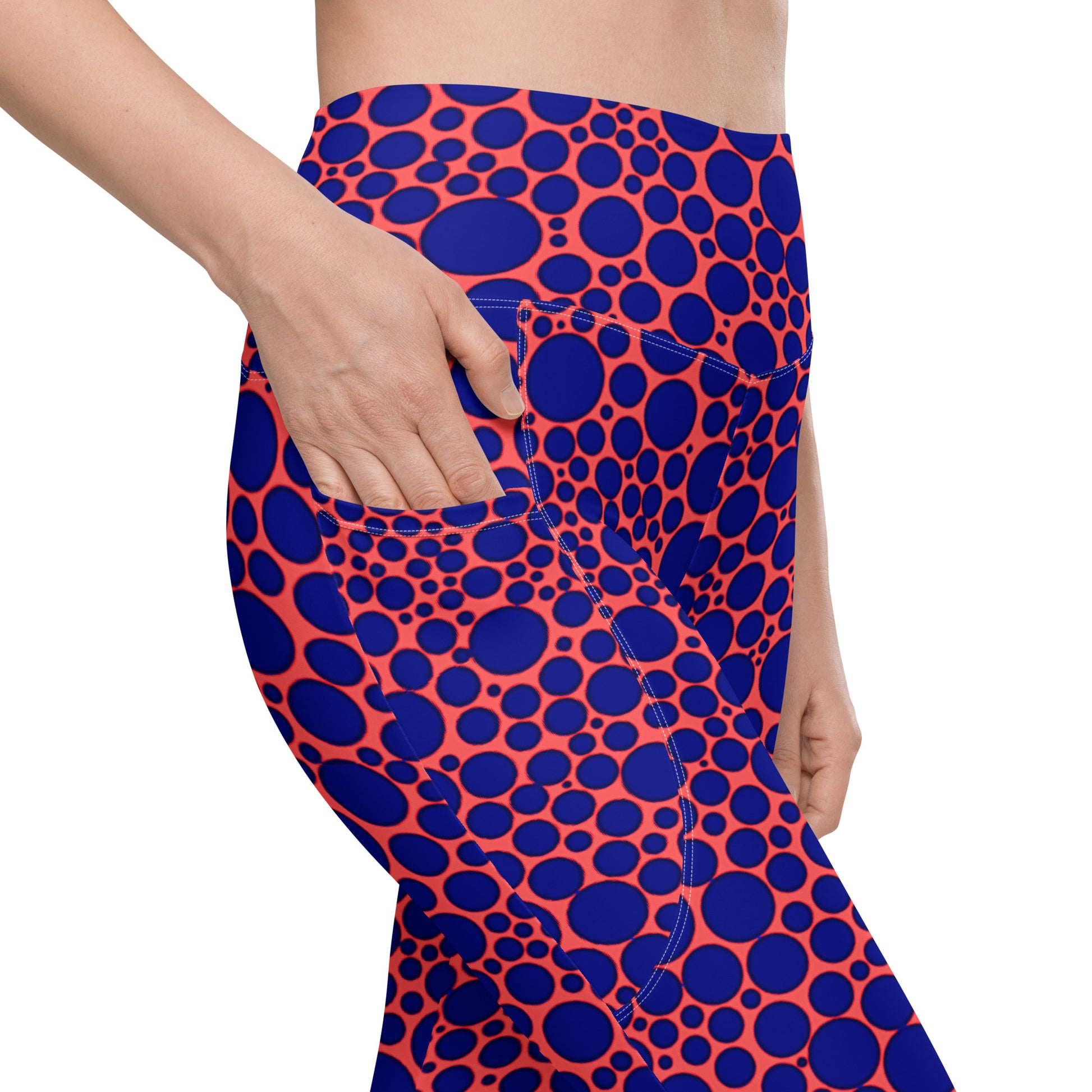 High-Waisted Pocket Leggings - Navy Blue Dots on Orange