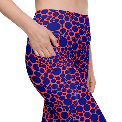 High-Waisted Pocket Leggings - Navy Blue Dots on Orange