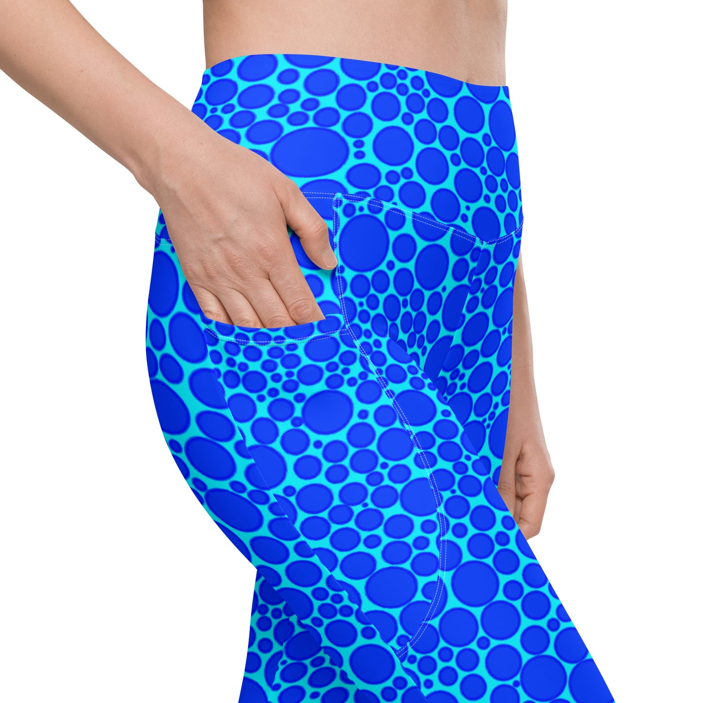 High-Waisted Pocket Leggings - Blue Dots on Electric Blue