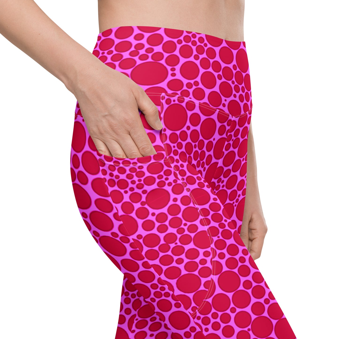 High-Waisted Pocket Leggings - Red Dots on Pink