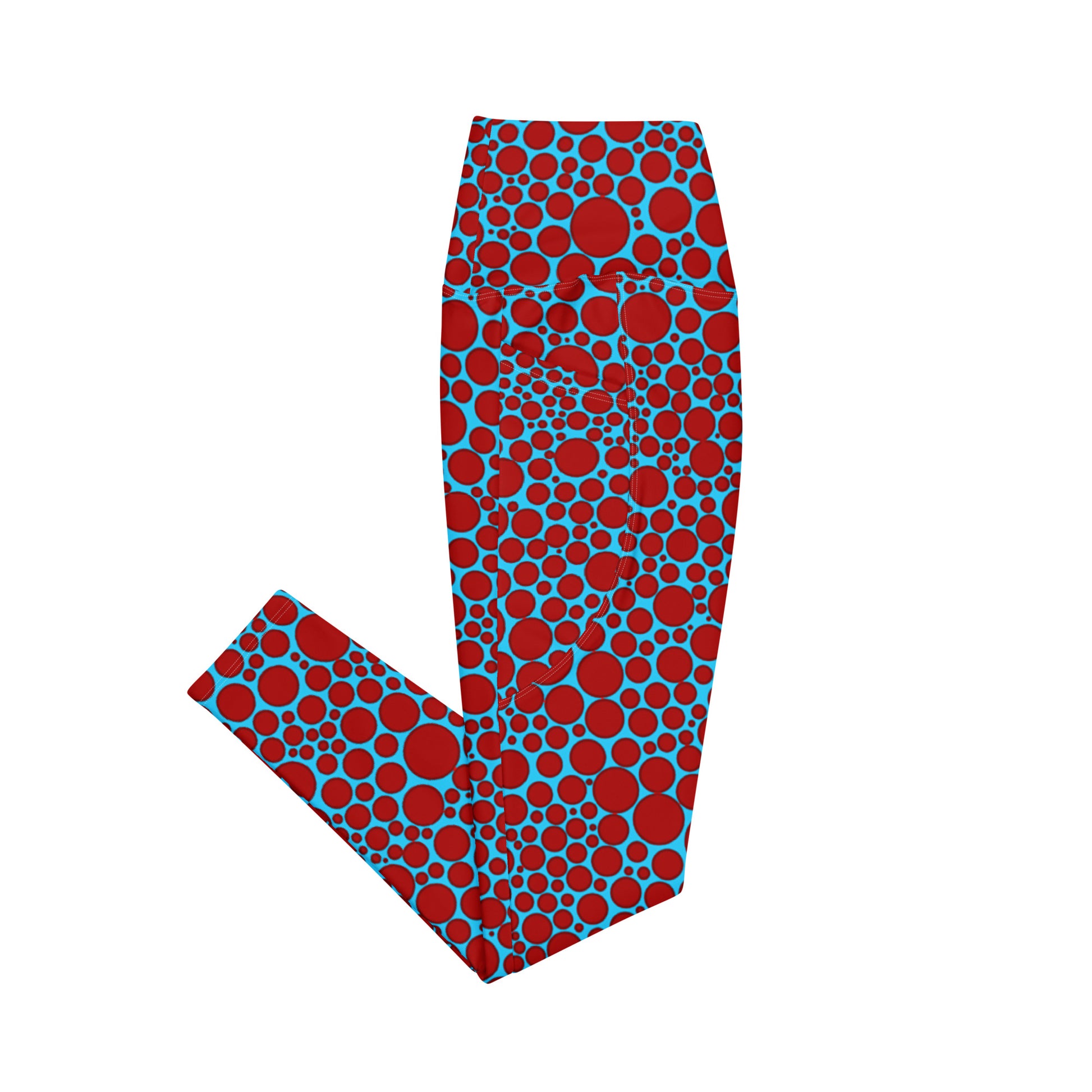 High-Waisted Pocket Leggings - Red Dots on Blue