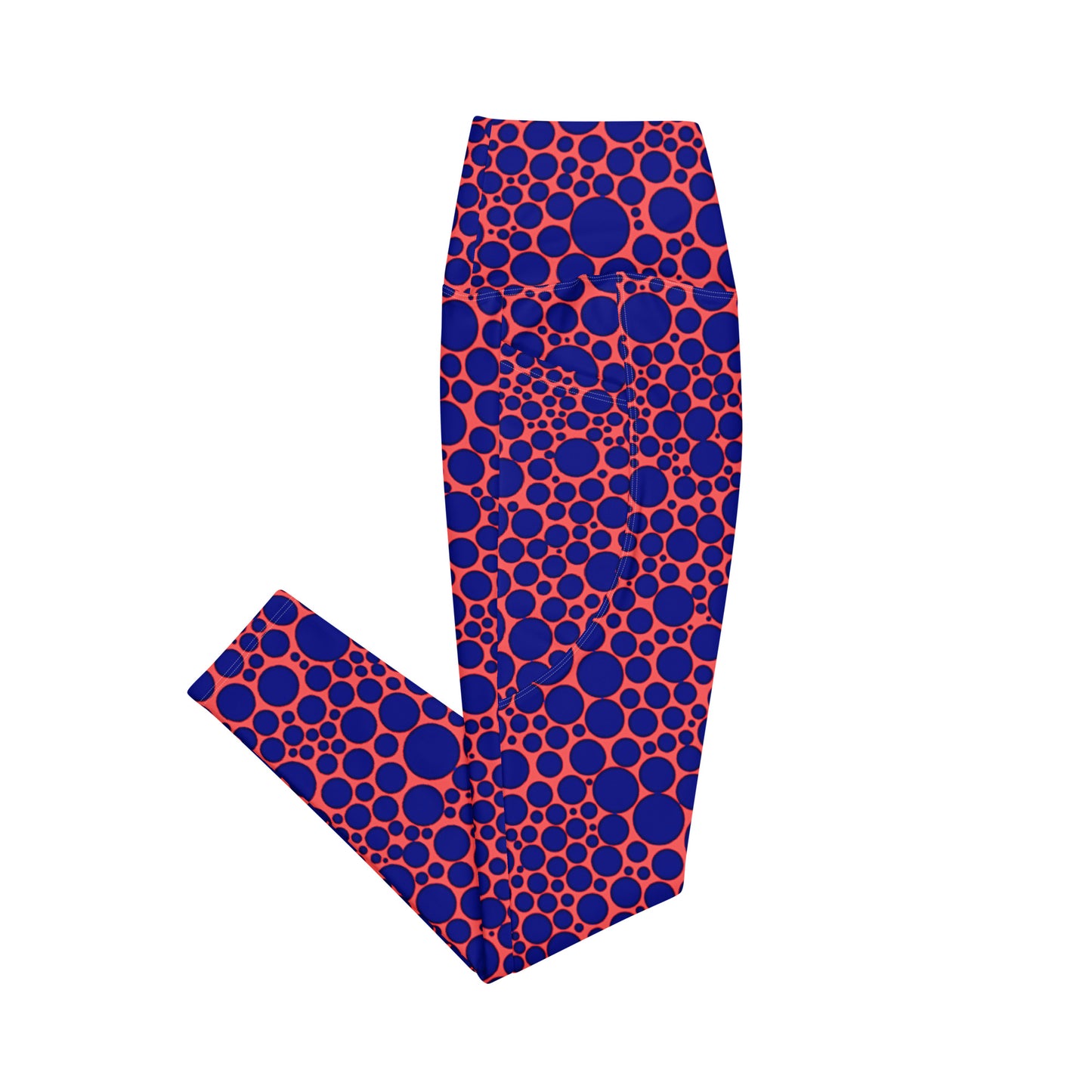 High-Waisted Pocket Leggings - Navy Blue Dots on Orange