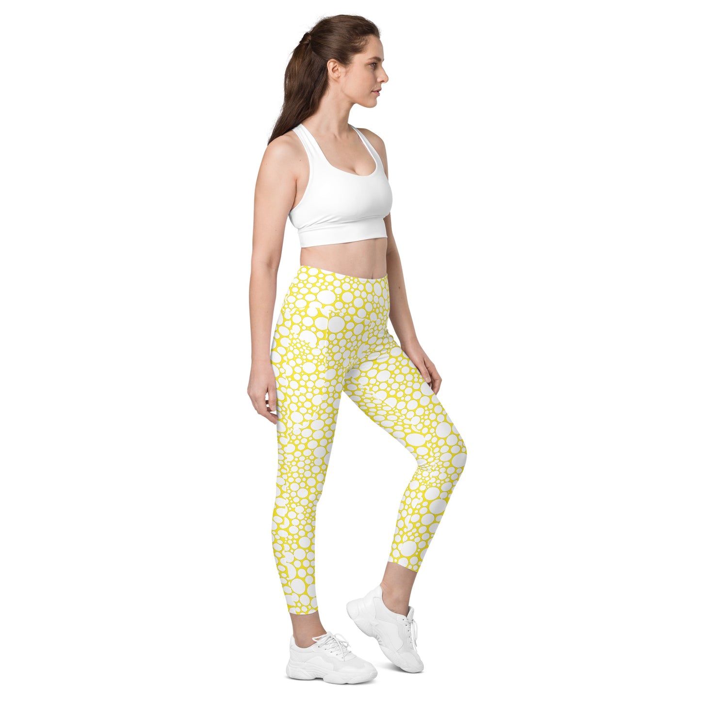 High-Waisted Pocket Leggings - White Dots on Yellow