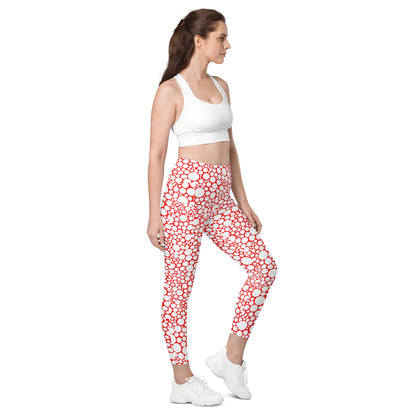 High-Waisted Pocket Leggings - White Dots on Red