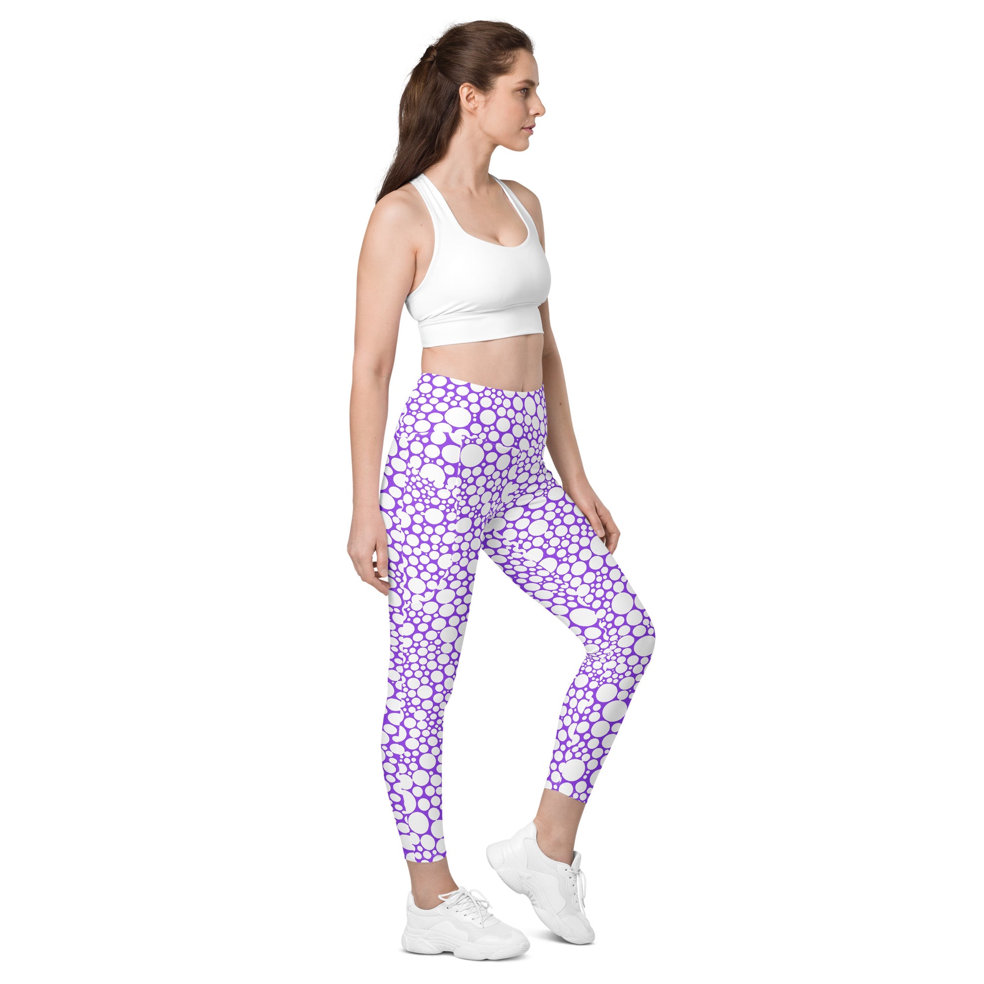 High-Waisted Pocket Leggings - White Dots on Purple