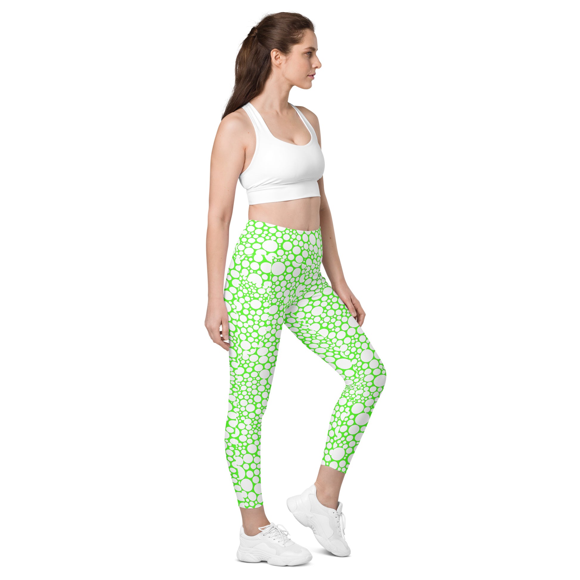 High-Waisted Pocket Leggings - White Dots on Neon Green