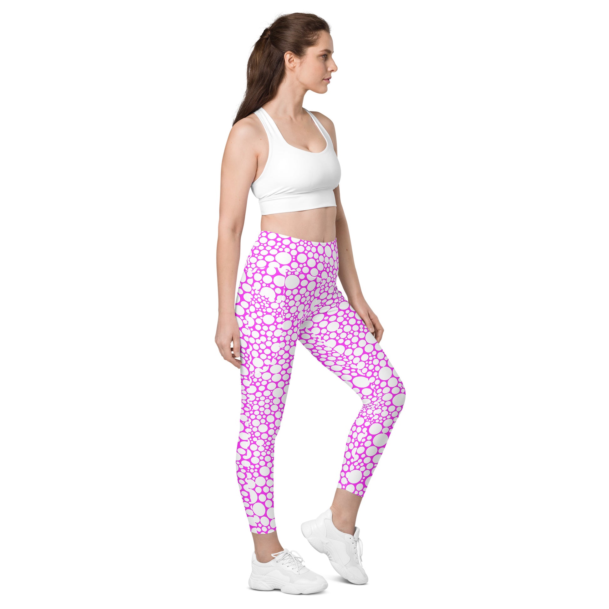 High-Waisted Pocket Leggings - White Dots on Fuchsia