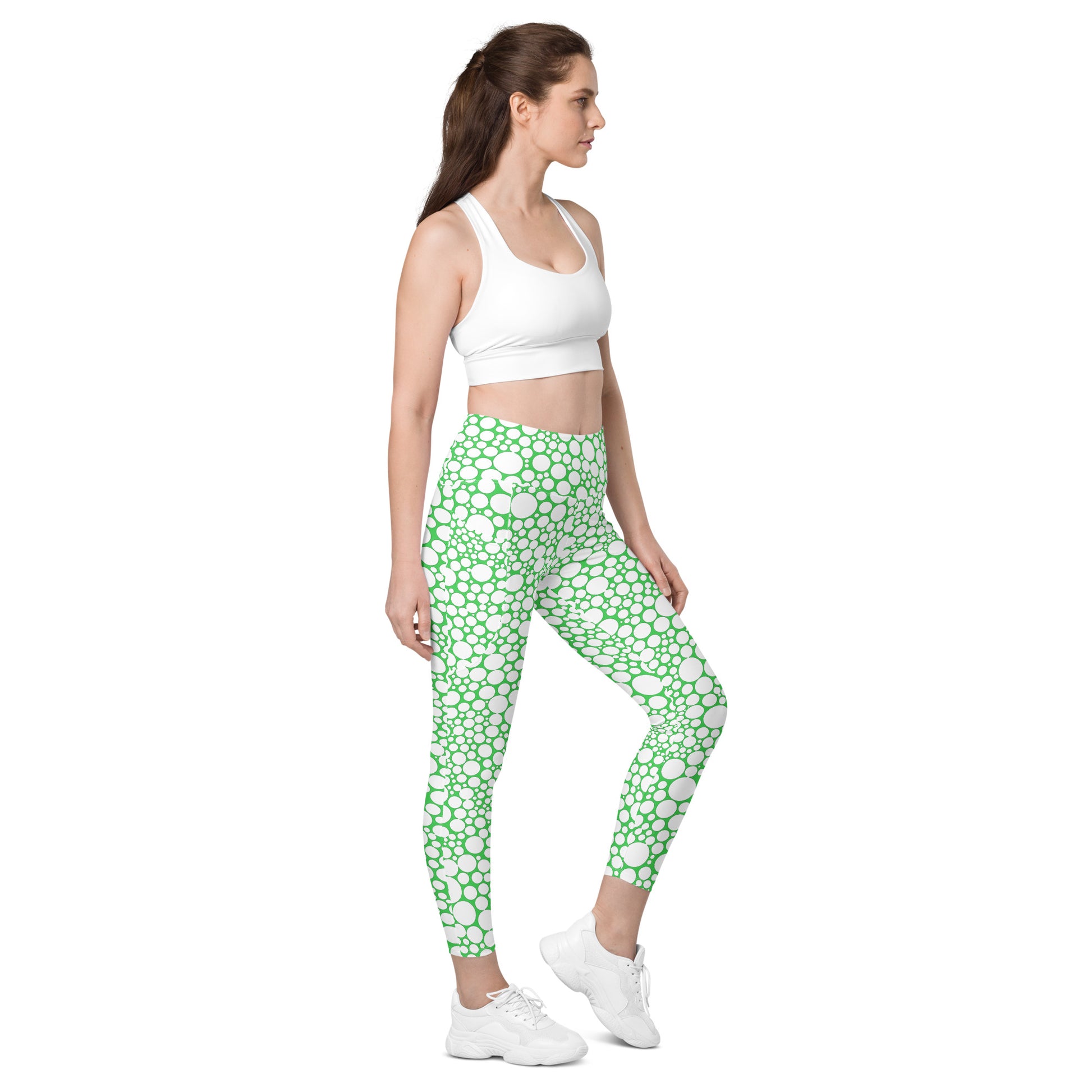 High-Waisted Pocket Leggings - White Dots on Forest Green