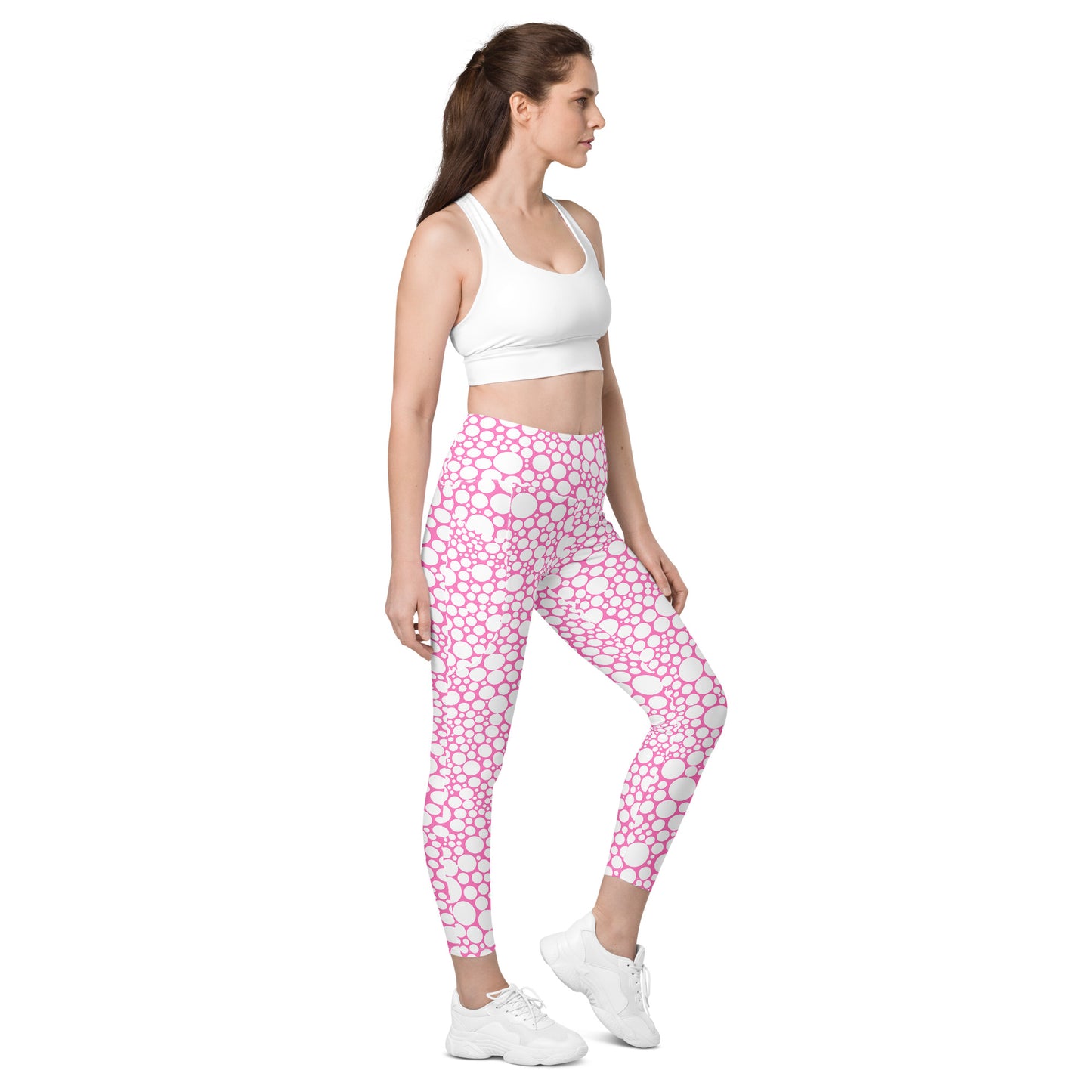 High-Waisted Pocket Leggings - White Dots on Bubblegum