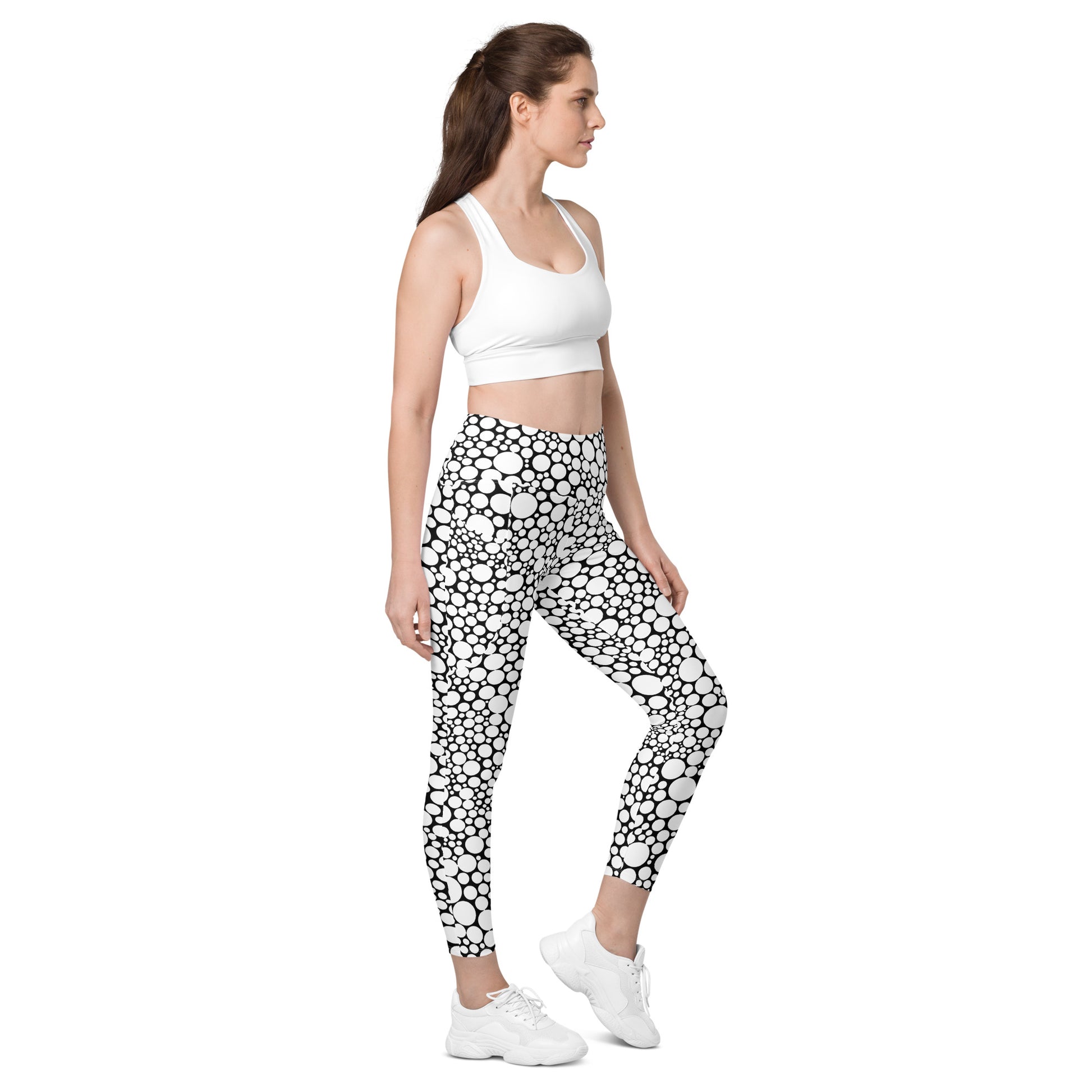 High-Waisted Pocket Leggings - White Dots on Black