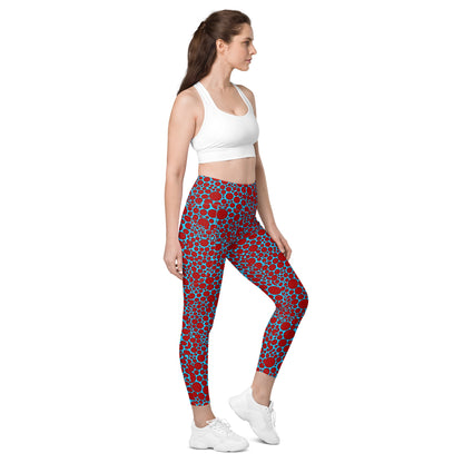 High-Waisted Pocket Leggings - Red Dots on Blue