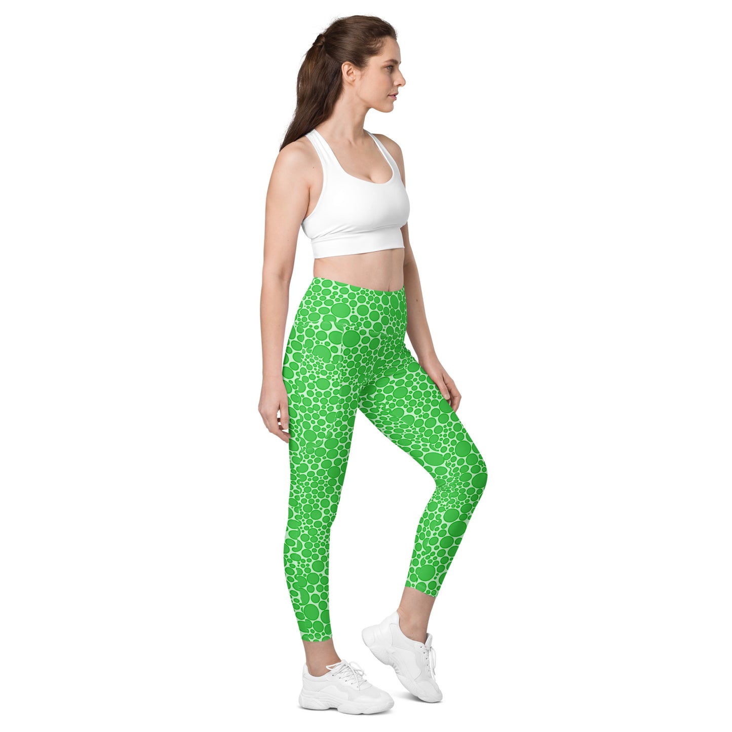 High-Waisted Pocket Leggings - Green Dots on Neon Green