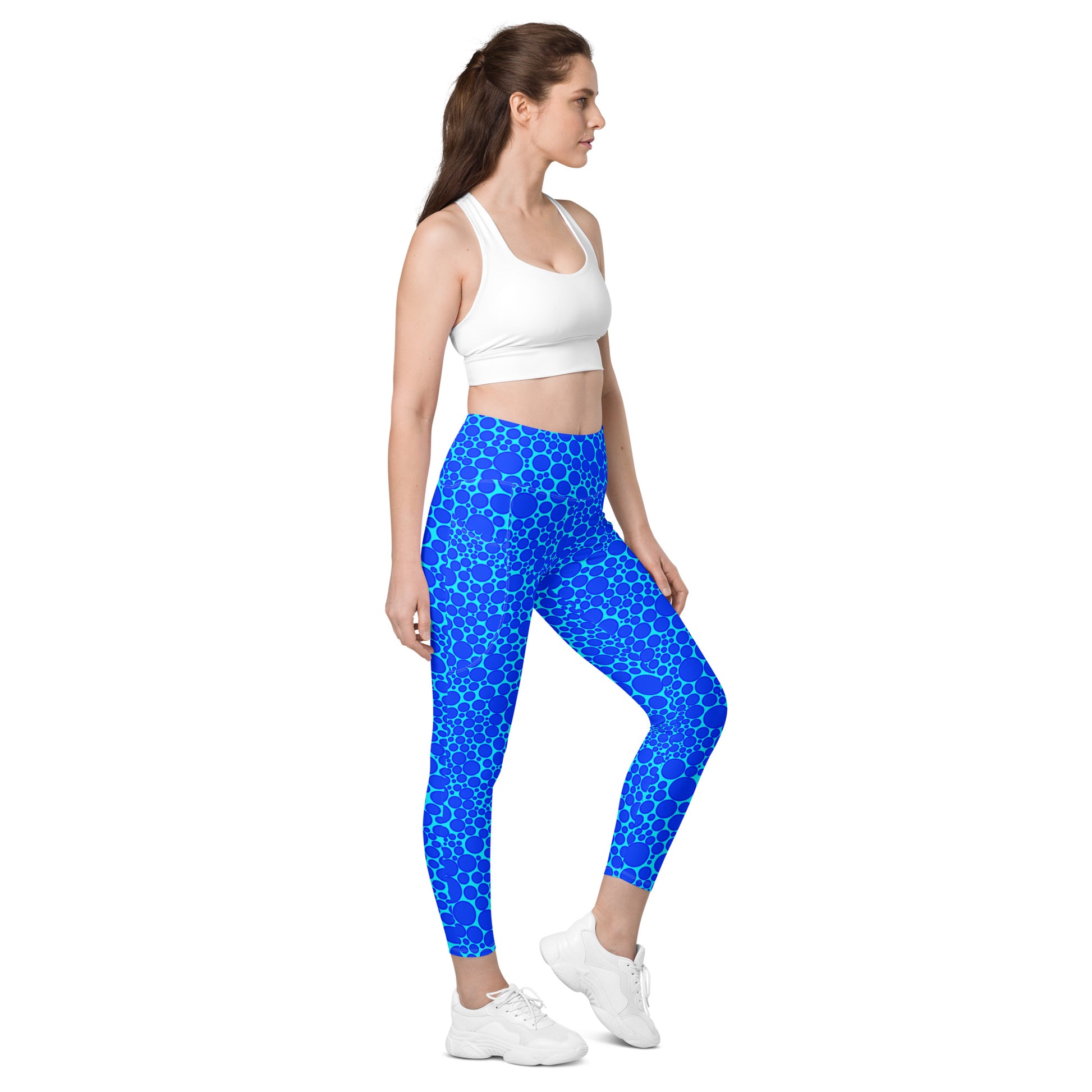 High-Waisted Pocket Leggings - Blue Dots on Electric Blue