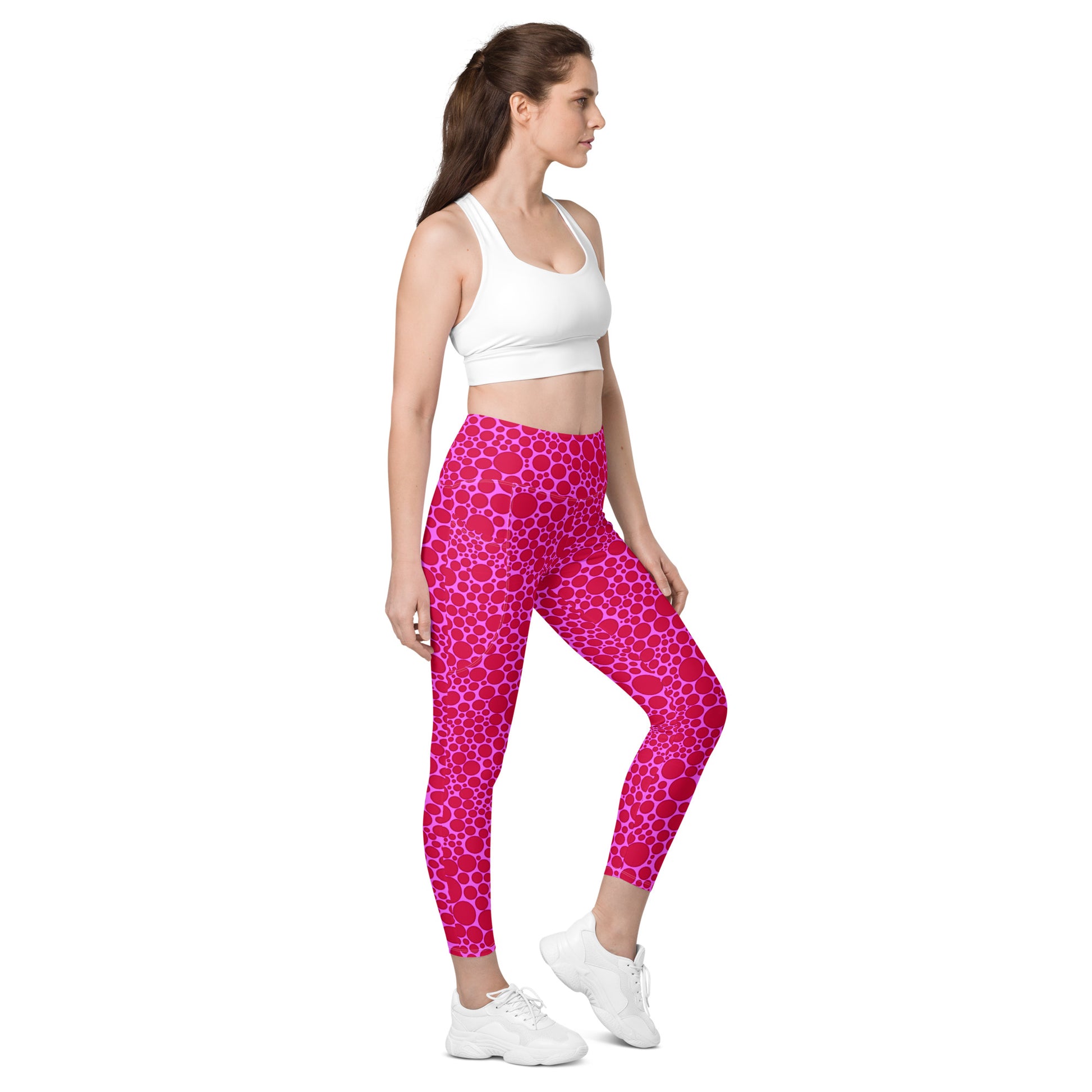 High-Waisted Pocket Leggings - Red Dots on Pink