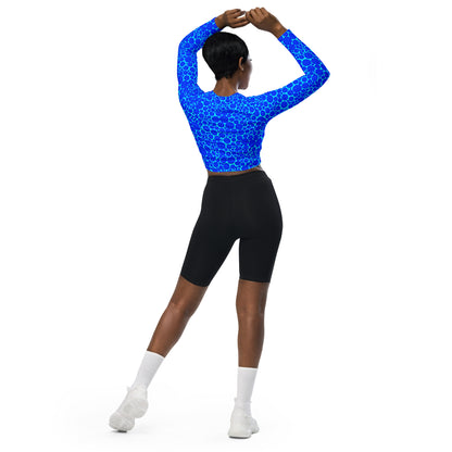 Women's Long-Sleeve Crop Top - Blue Dots on Electric Blue