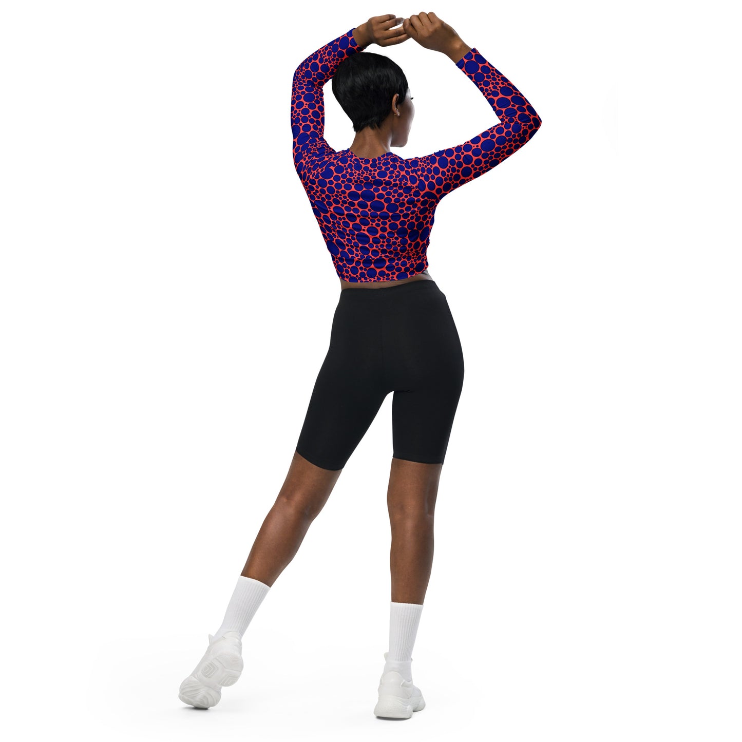 Women's Long-Sleeve Crop Top - Navy Blue Dots on Orange