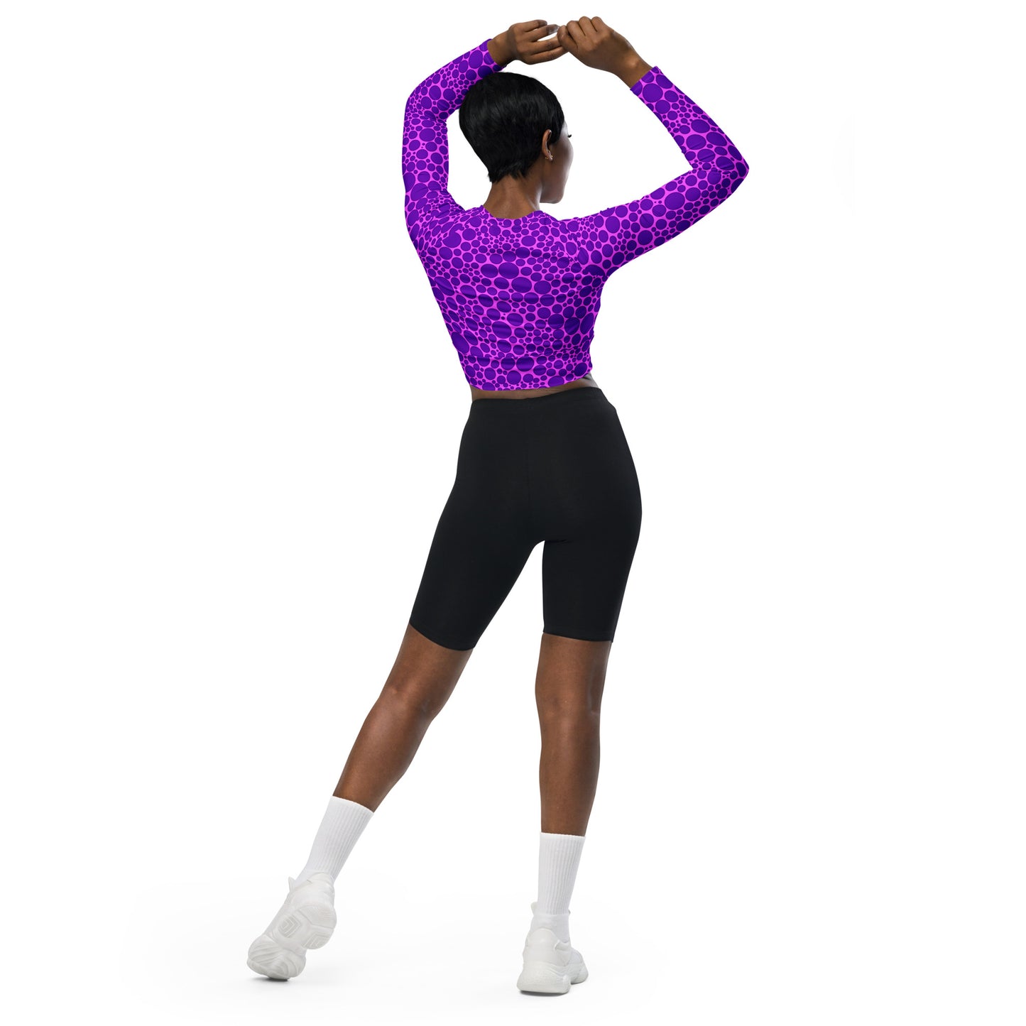 Women's Long-Sleeve Crop Top - Purple Dots on Pink