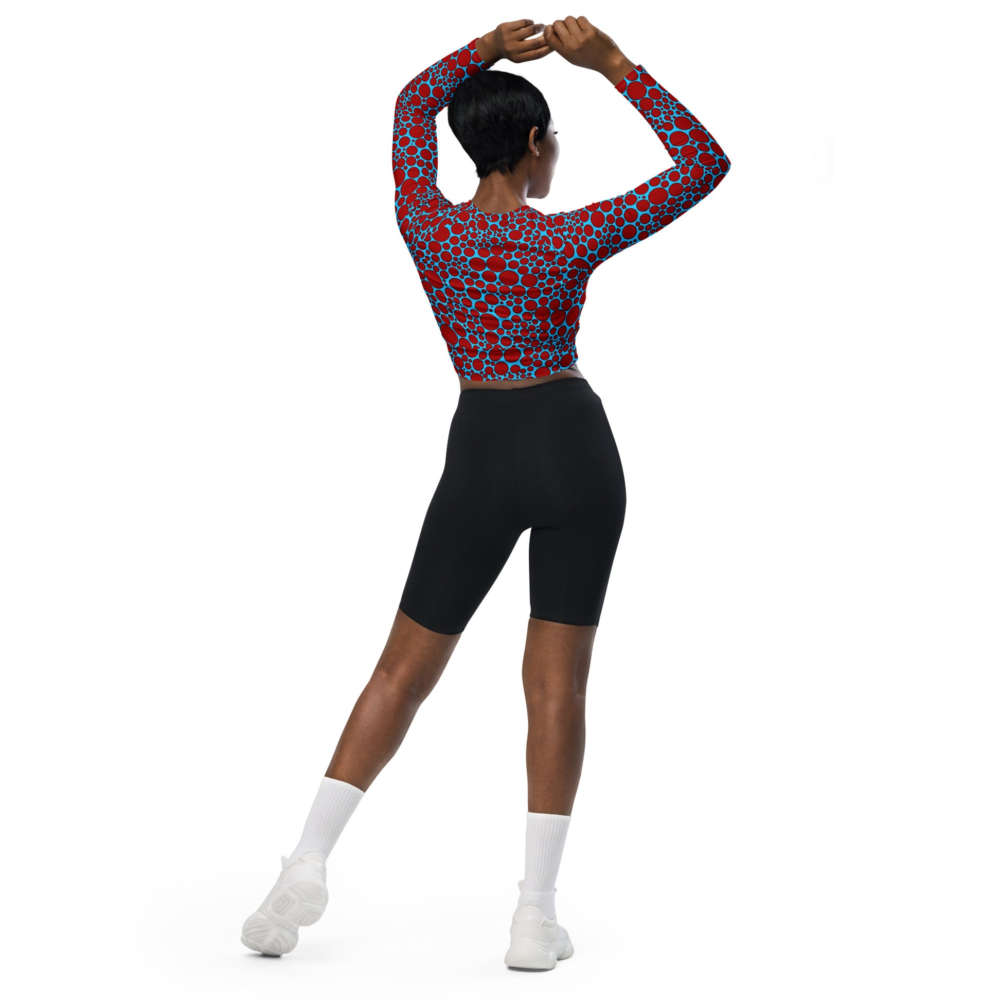 Women's Long-Sleeve Crop Top - Red Dots on Blue