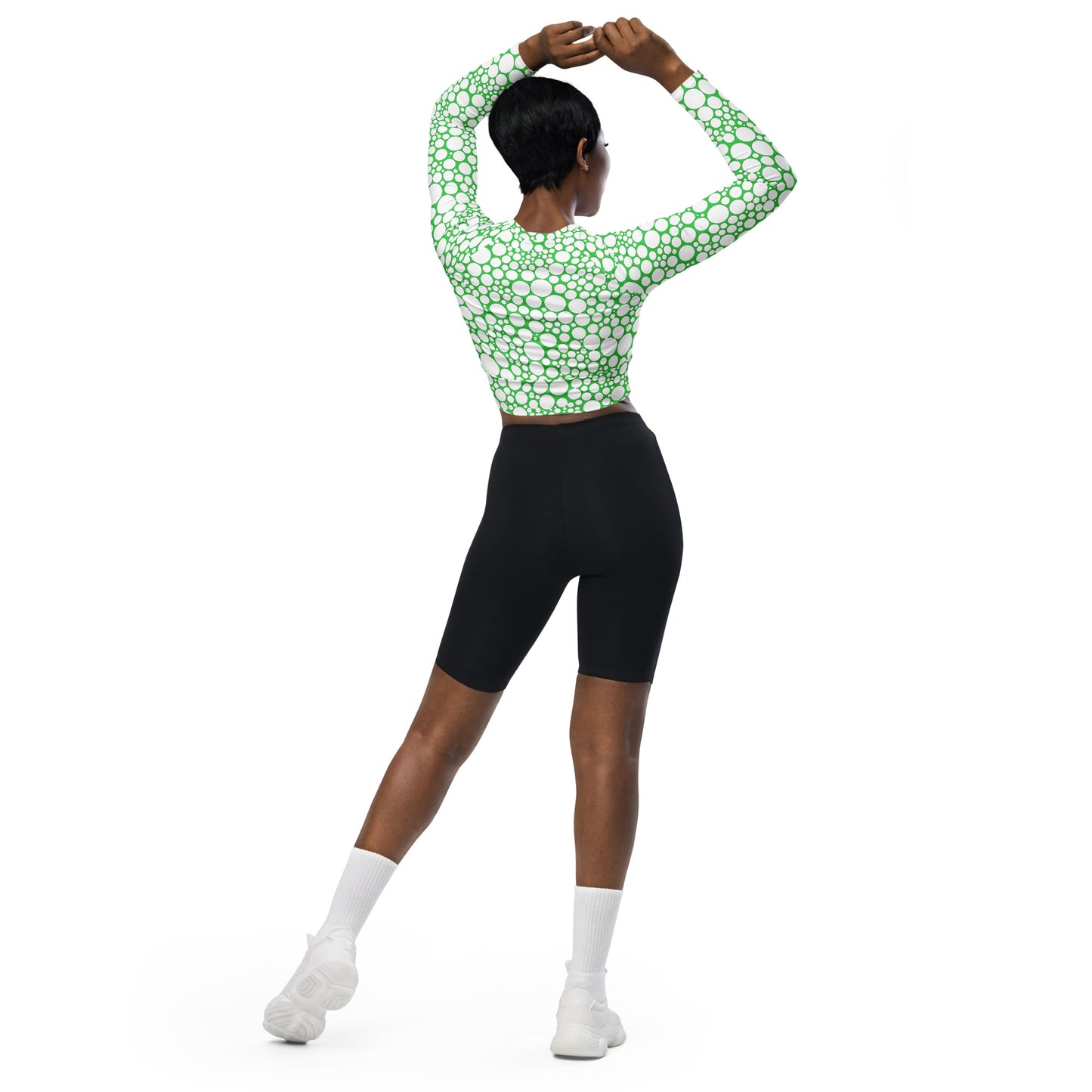 Women's Long-Sleeve Crop Top - White Dots on Forest Green