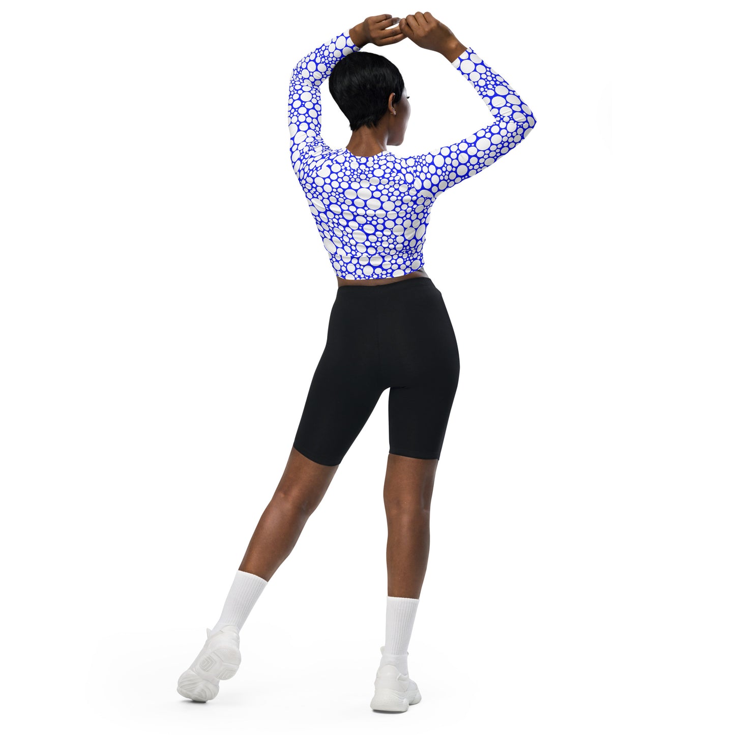 Women's Long-Sleeve Crop Top - White Dots on Midnight Blue