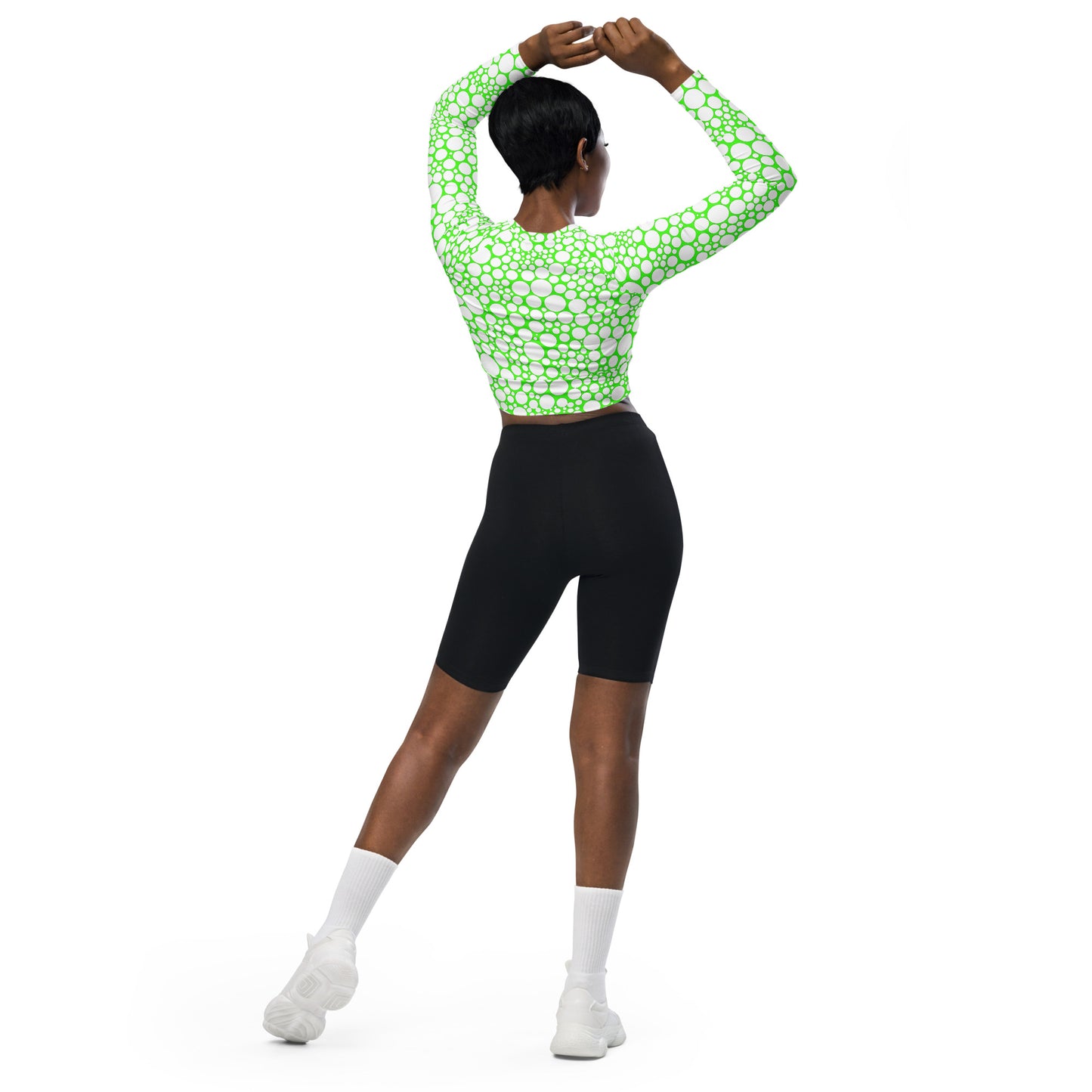 Women's Long-Sleeve Crop Top - White Dots on Neon Green