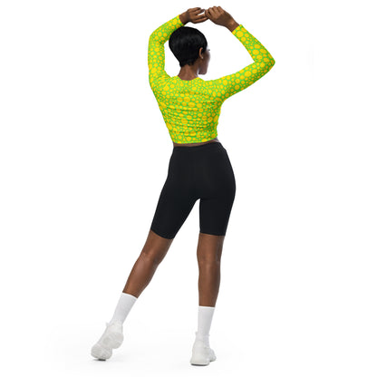 Women's Long-Sleeve Crop Top - Yellow Dots on Green