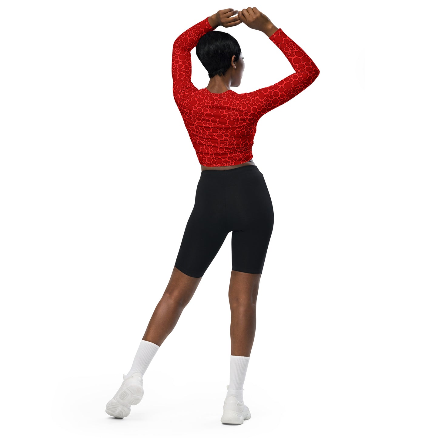 Women's Long-Sleeve Crop Top - Dark Red Dots on Bright Red