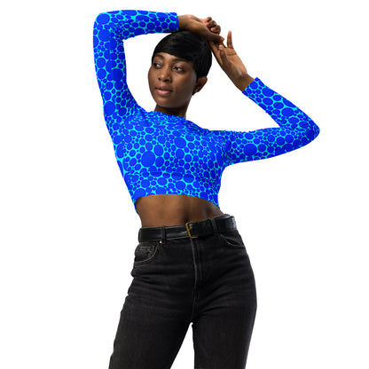 Women's Long-Sleeve Crop Top - Blue Dots on Electric Blue