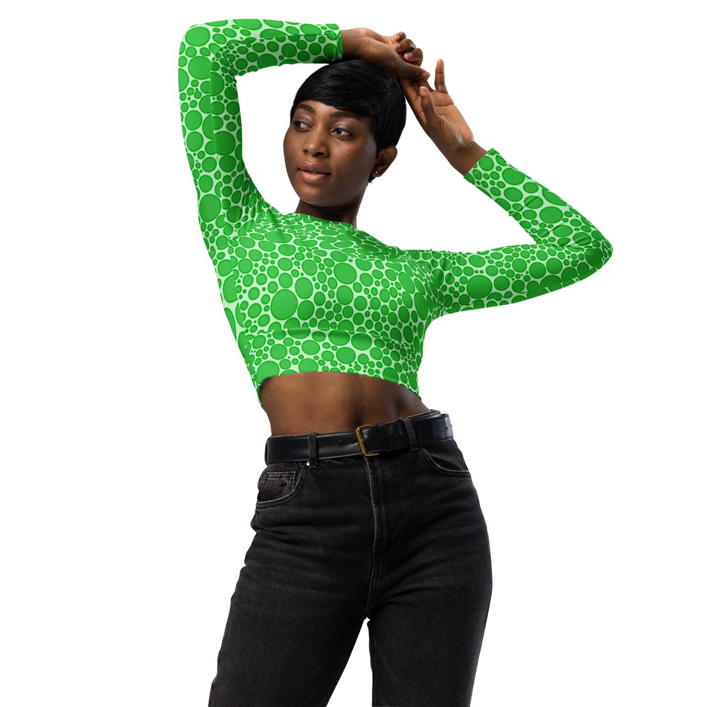 Women's Long-Sleeve Crop Top - Green Dots on Neon Green