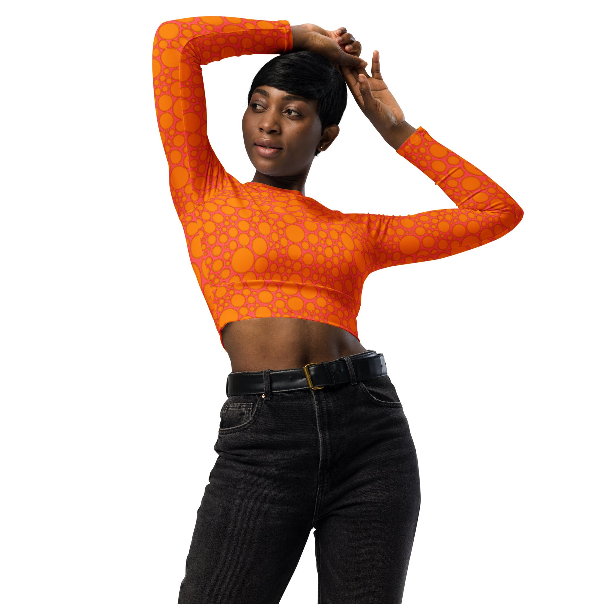 Women's Long-Sleeve Crop Top - Orange Dots on Pink