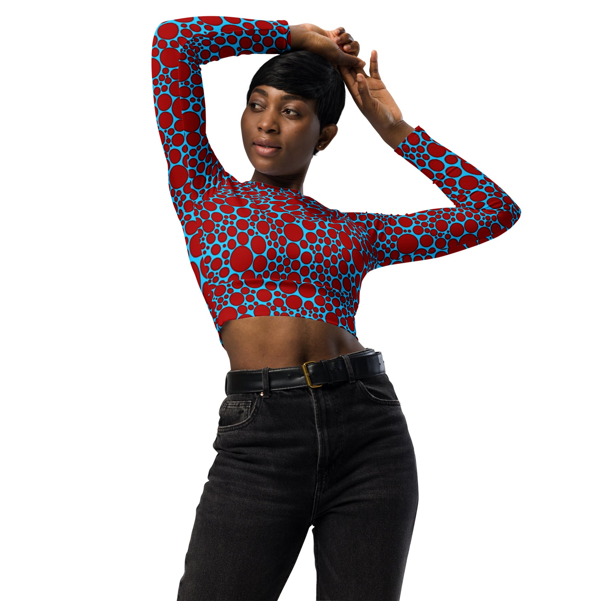 Women's Long-Sleeve Crop Top - Red Dots on Blue