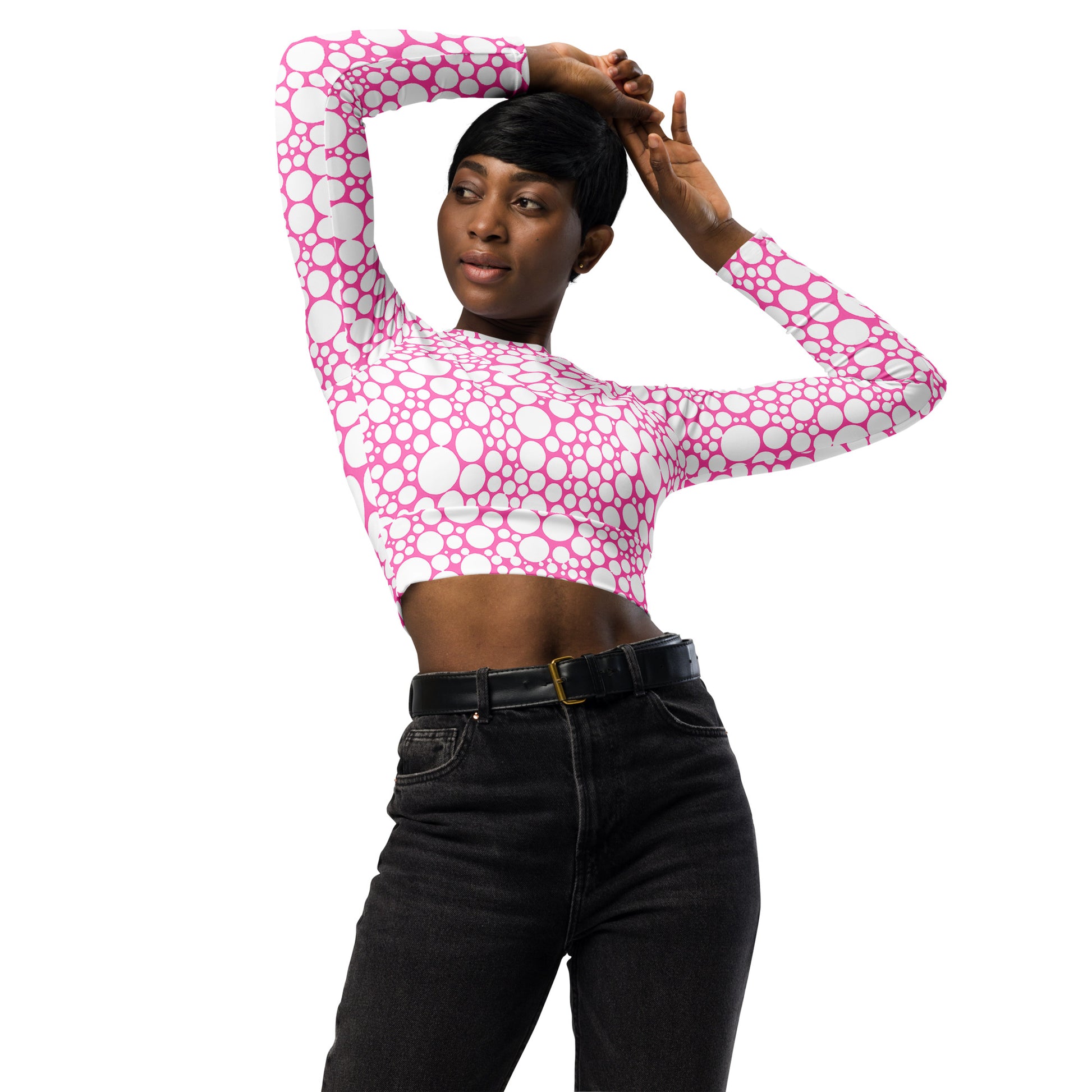 Women's Long-Sleeve Crop Top - White Dots on Bubblegum