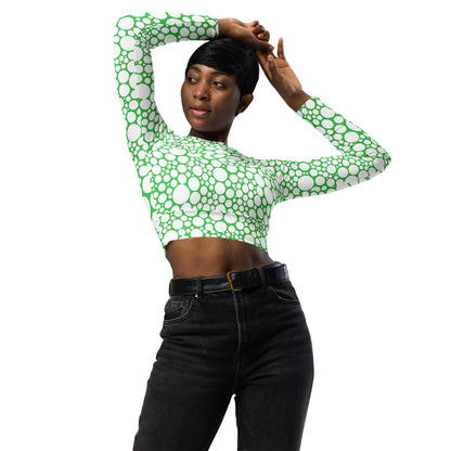 Women's Long-Sleeve Crop Top - White Dots on Forest Green