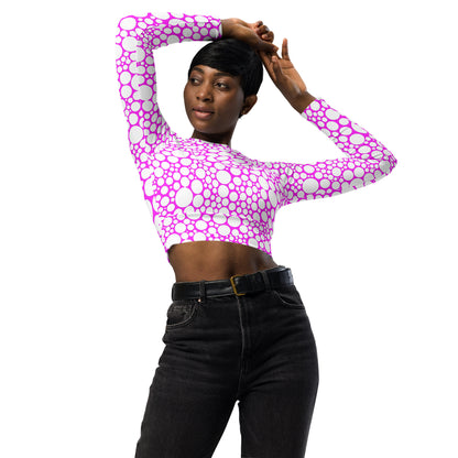 Women's Long-Sleeve Crop Top - White Dots on Fuchsia