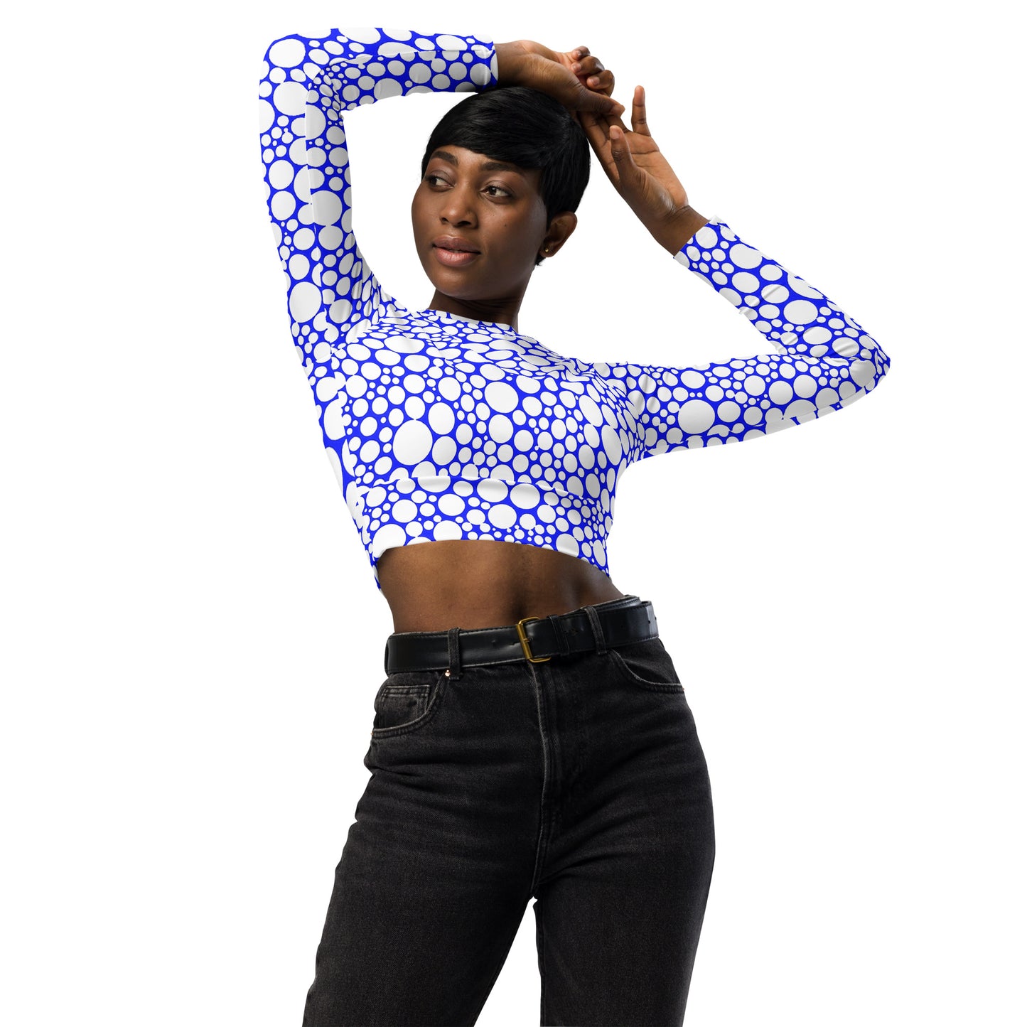 Women's Long-Sleeve Crop Top - White Dots on Midnight Blue