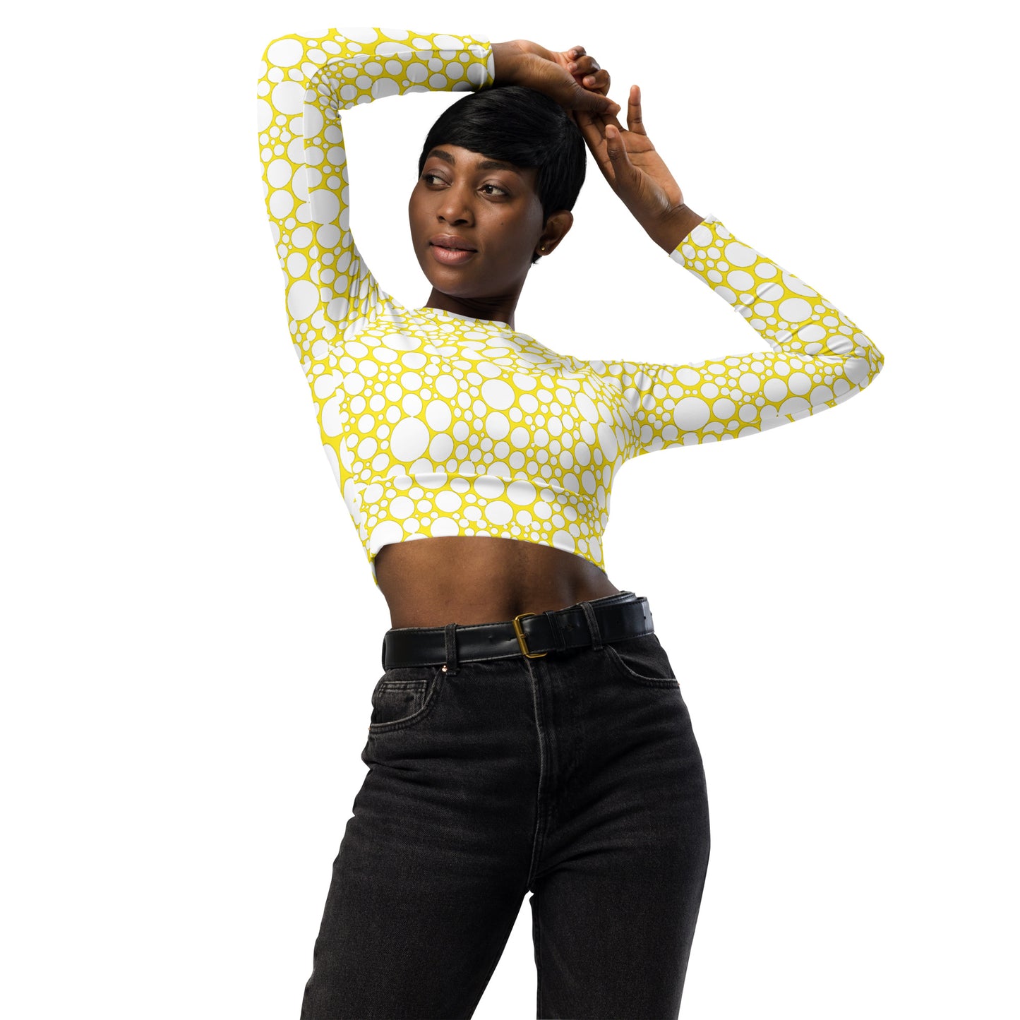 Women's Long-Sleeve Crop Top - White Dots on Yellow