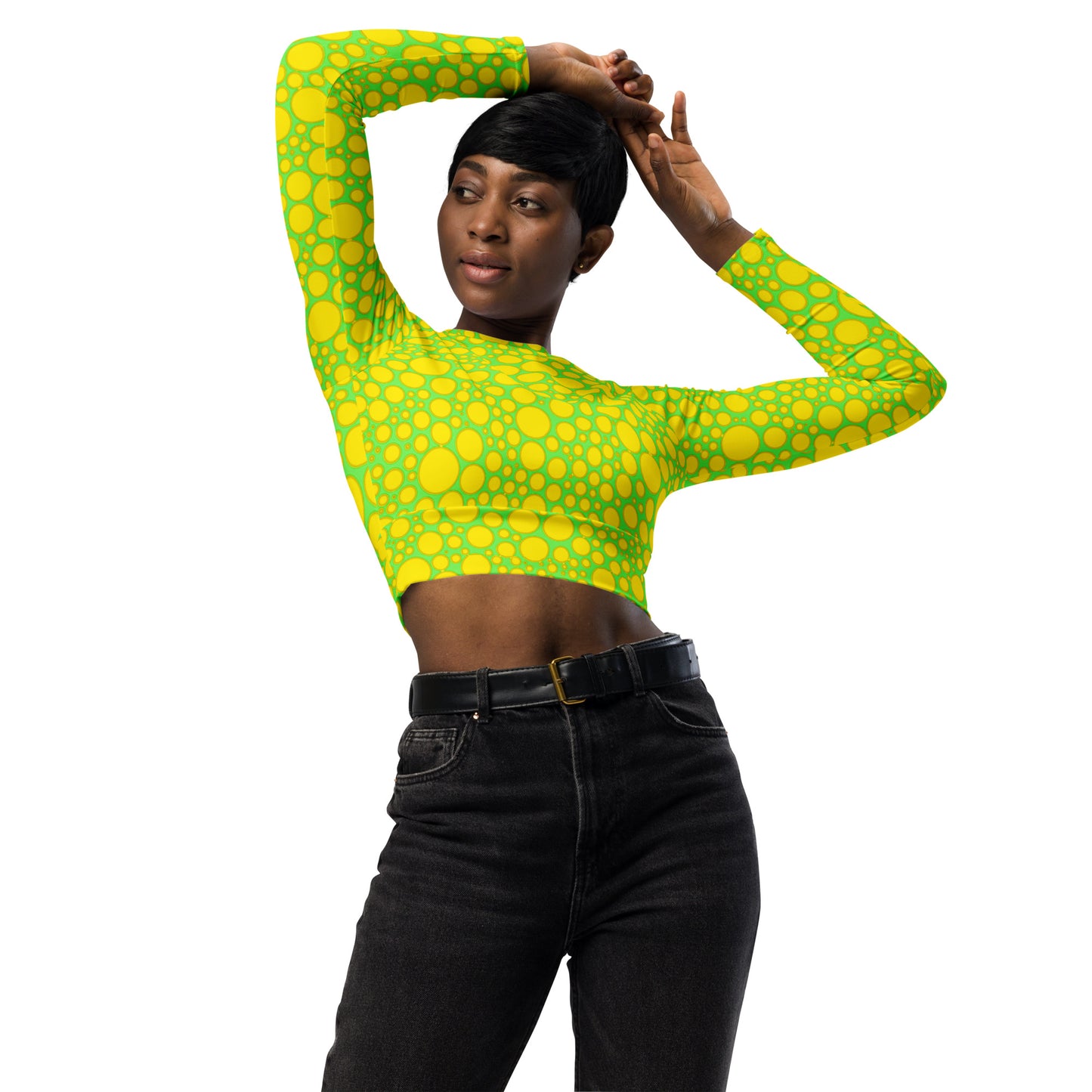 Women's Long-Sleeve Crop Top - Yellow Dots on Green