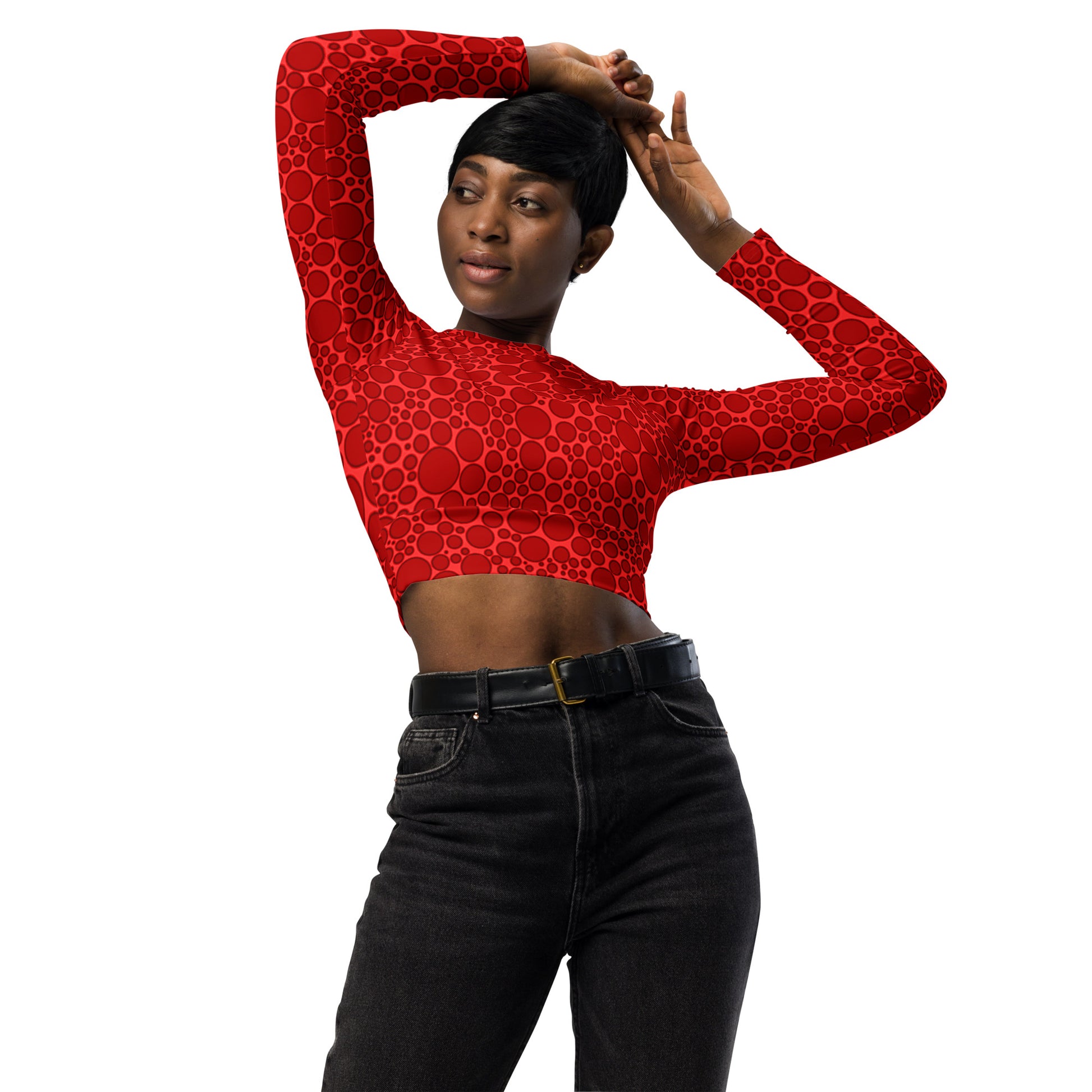 Women's Long-Sleeve Crop Top - Dark Red Dots on Bright Red