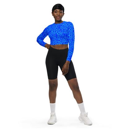 Women's Long-Sleeve Crop Top - Blue Dots on Electric Blue