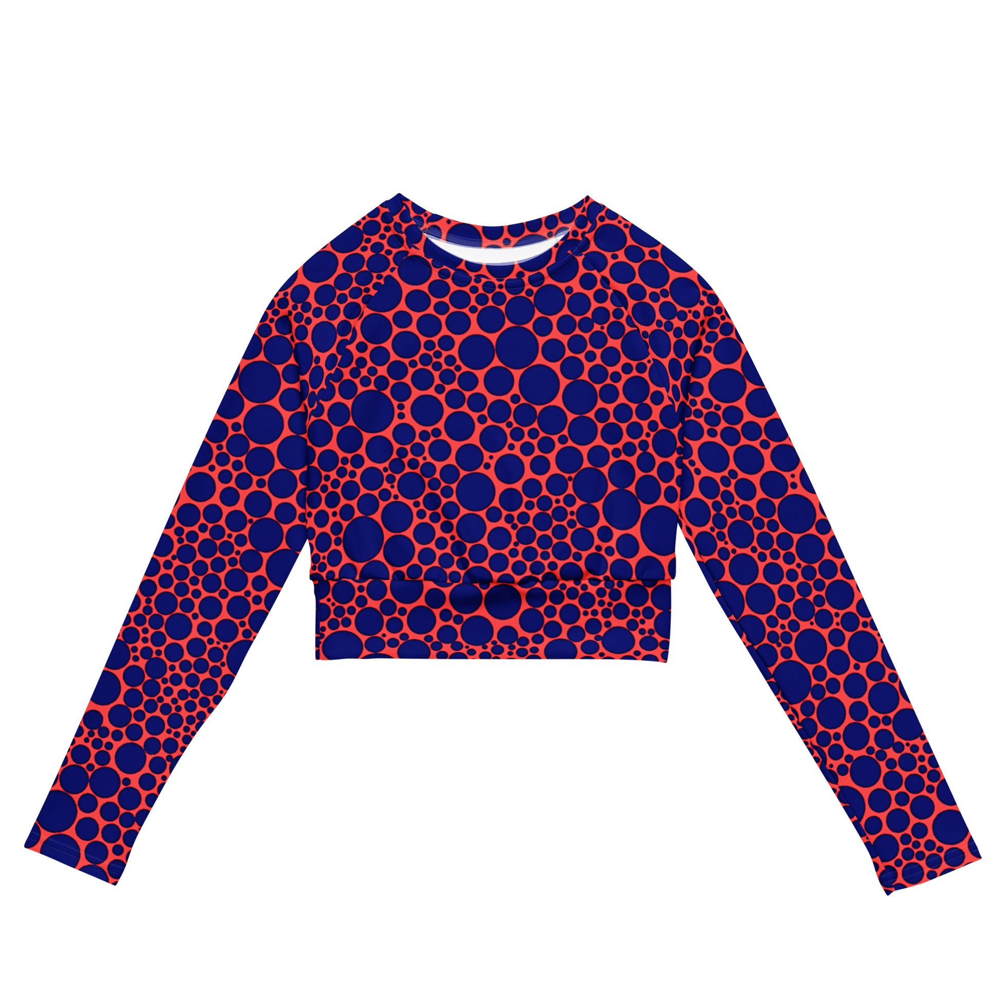 Women's Long-Sleeve Crop Top - Navy Blue Dots on Orange