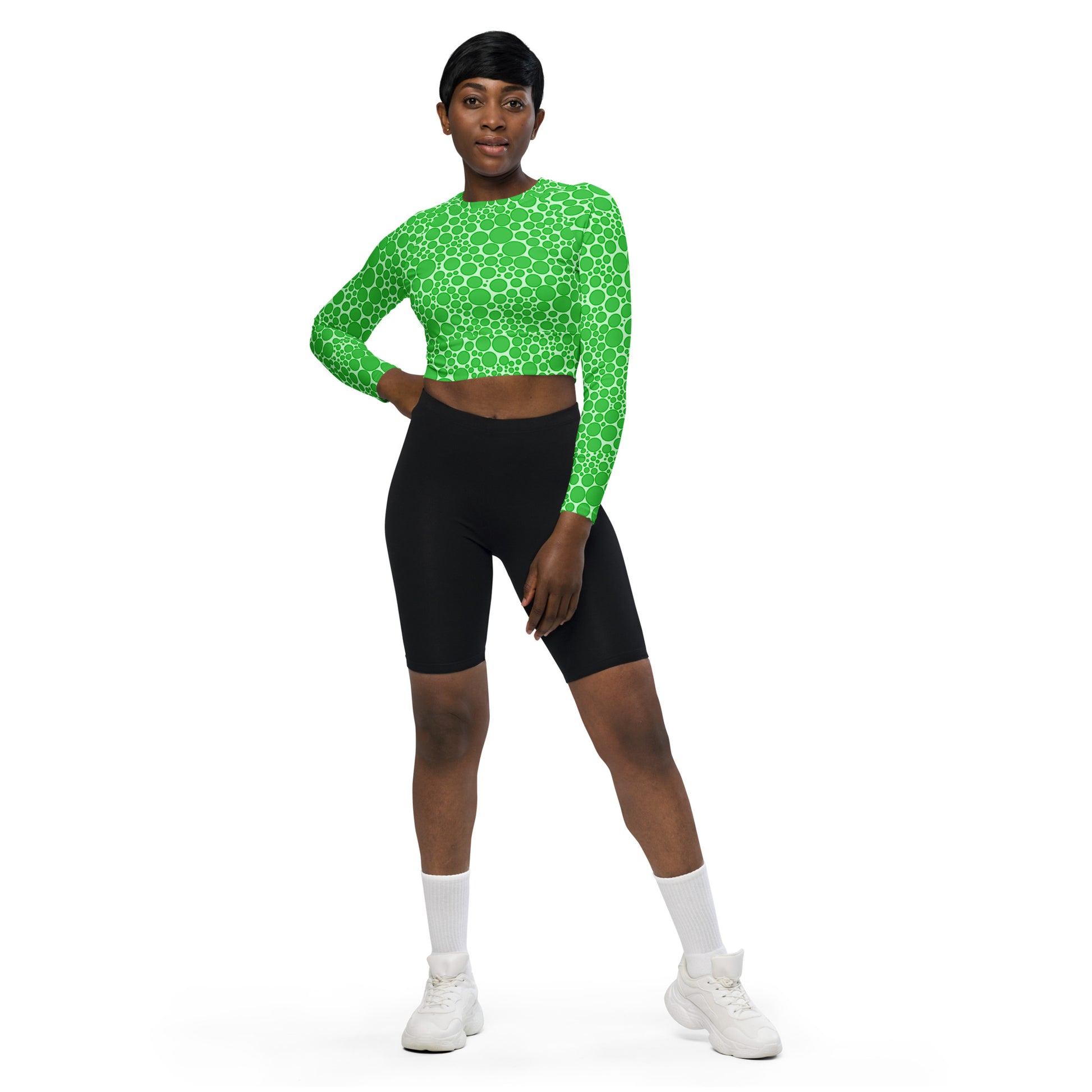 Women's Long-Sleeve Crop Top - Green Dots on Neon Green