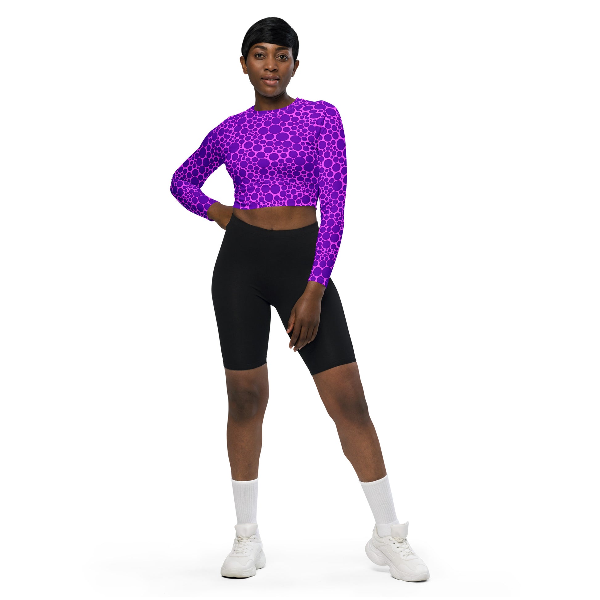 Women's Long-Sleeve Crop Top - Purple Dots on Pink