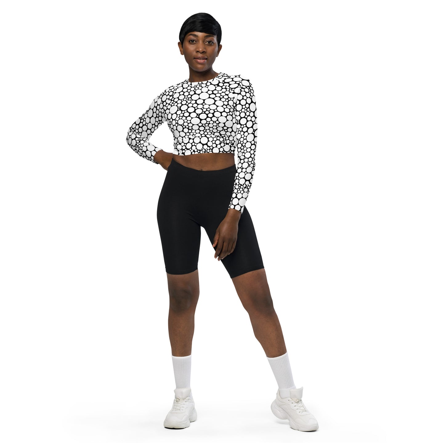 Women's Long-Sleeve Crop Top - White Dots on Black