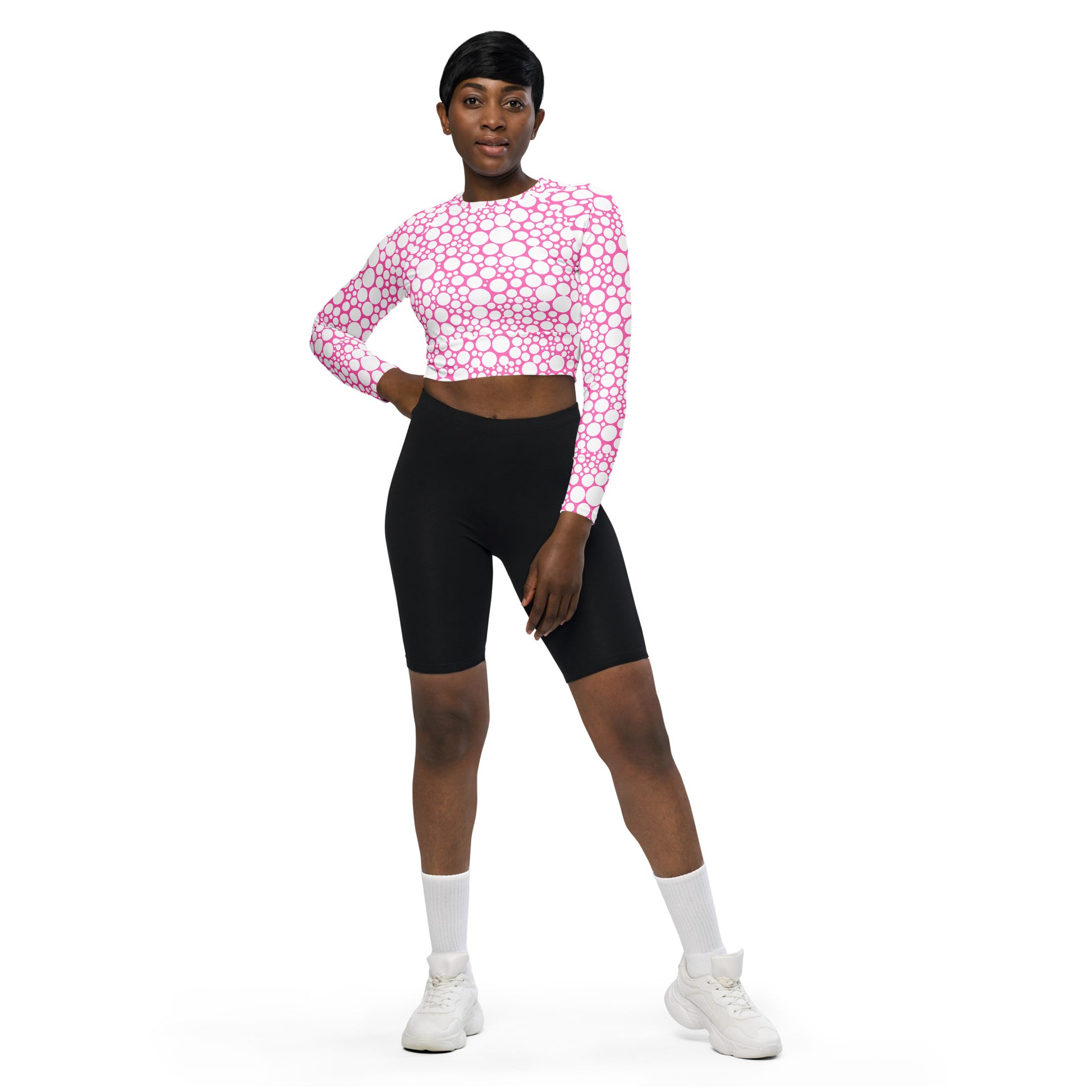 Women's Long-Sleeve Crop Top - White Dots on Bubblegum