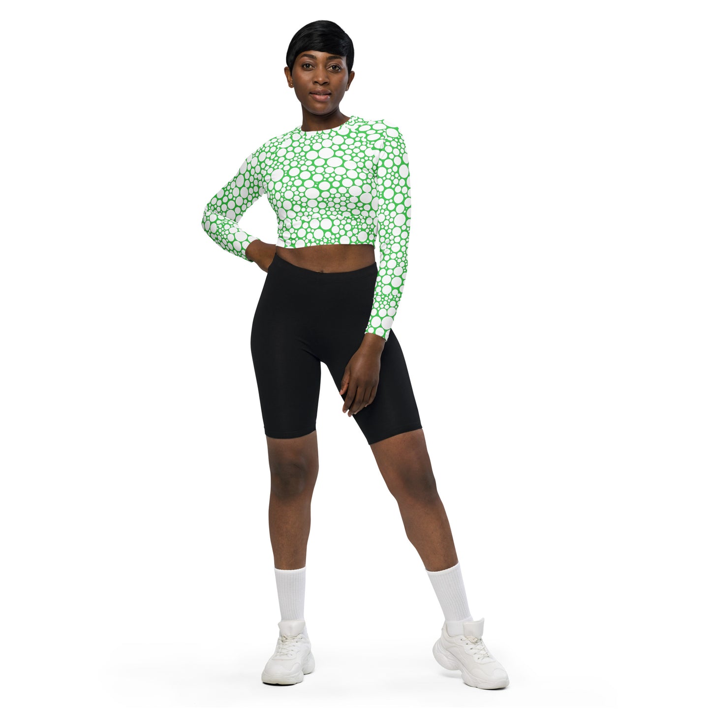 Women's Long-Sleeve Crop Top - White Dots on Forest Green