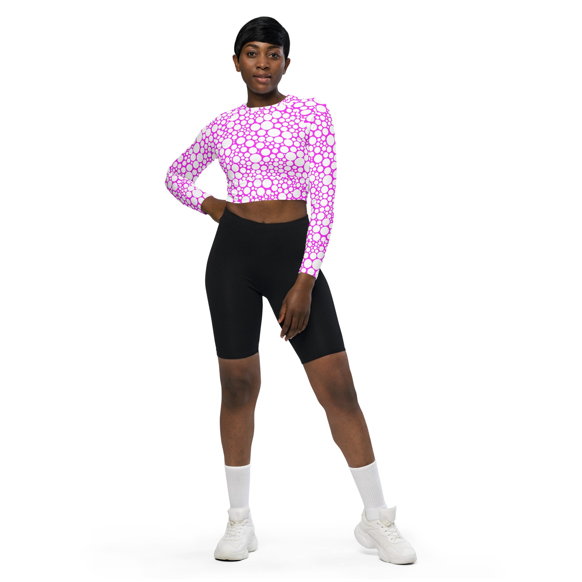 Women's Long-Sleeve Crop Top - White Dots on Fuchsia