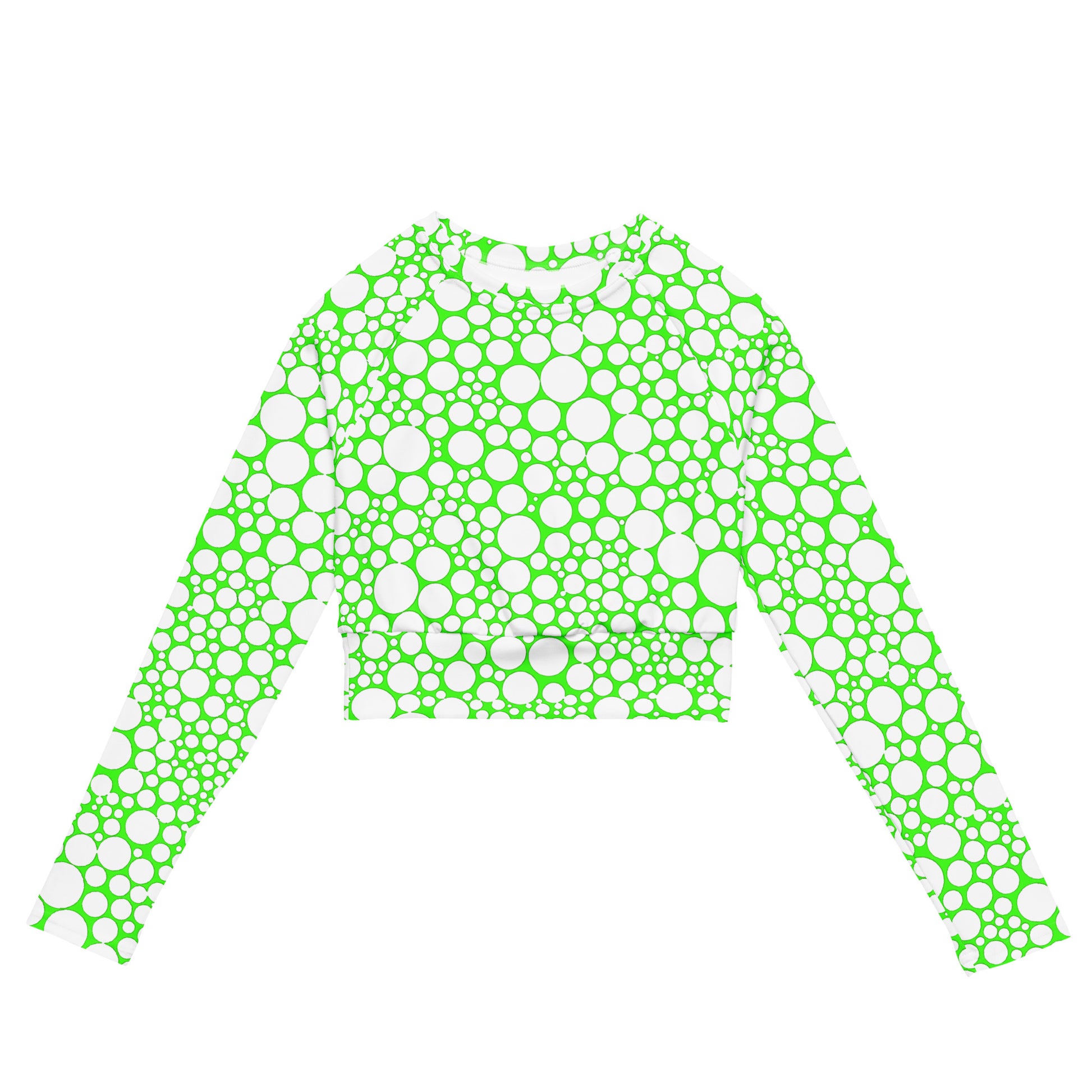 Women's Long-Sleeve Crop Top - White Dots on Neon Green