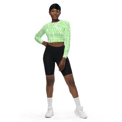 Women's Long-Sleeve Crop Top - White Dots on Neon Green