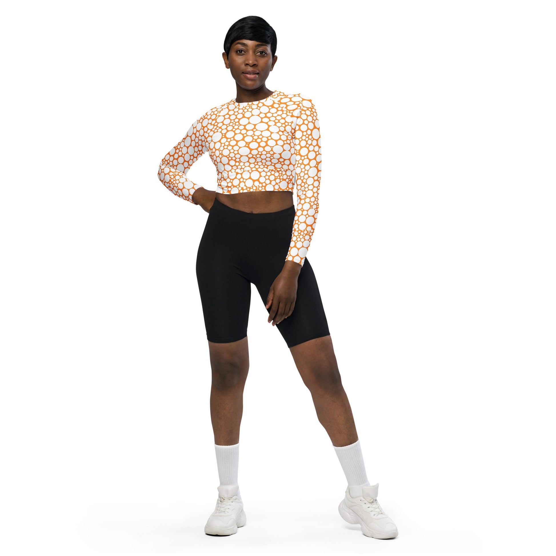 Women's Long-Sleeve Crop Top - White Dots on Orange